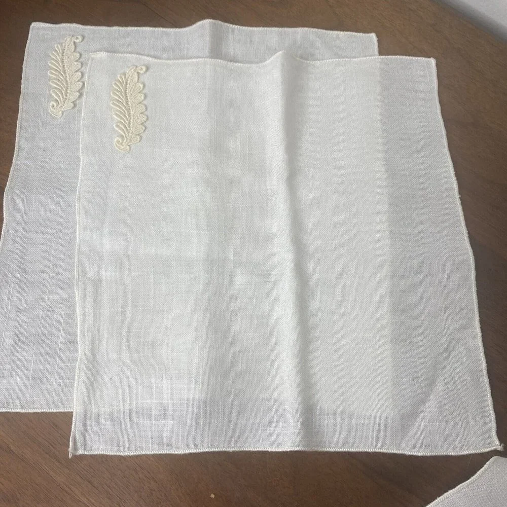 Vintage Ivory Cloth Napkins Linen Embroidered Leaf Applique Tea Towel Set 4
